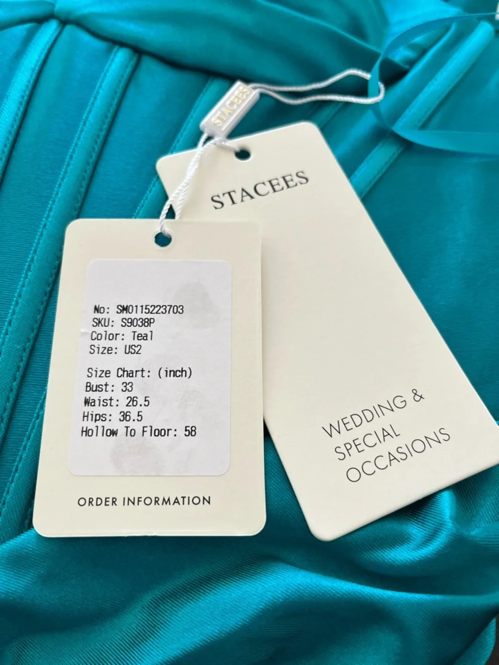 NWT | Stacees | Mermaid Teal Spaghetti Strap Ruched Corset Prom Dress with Slit - Picture 4 of 5
